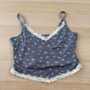 Hollister Floral Lace Trim Blue Camisole Top